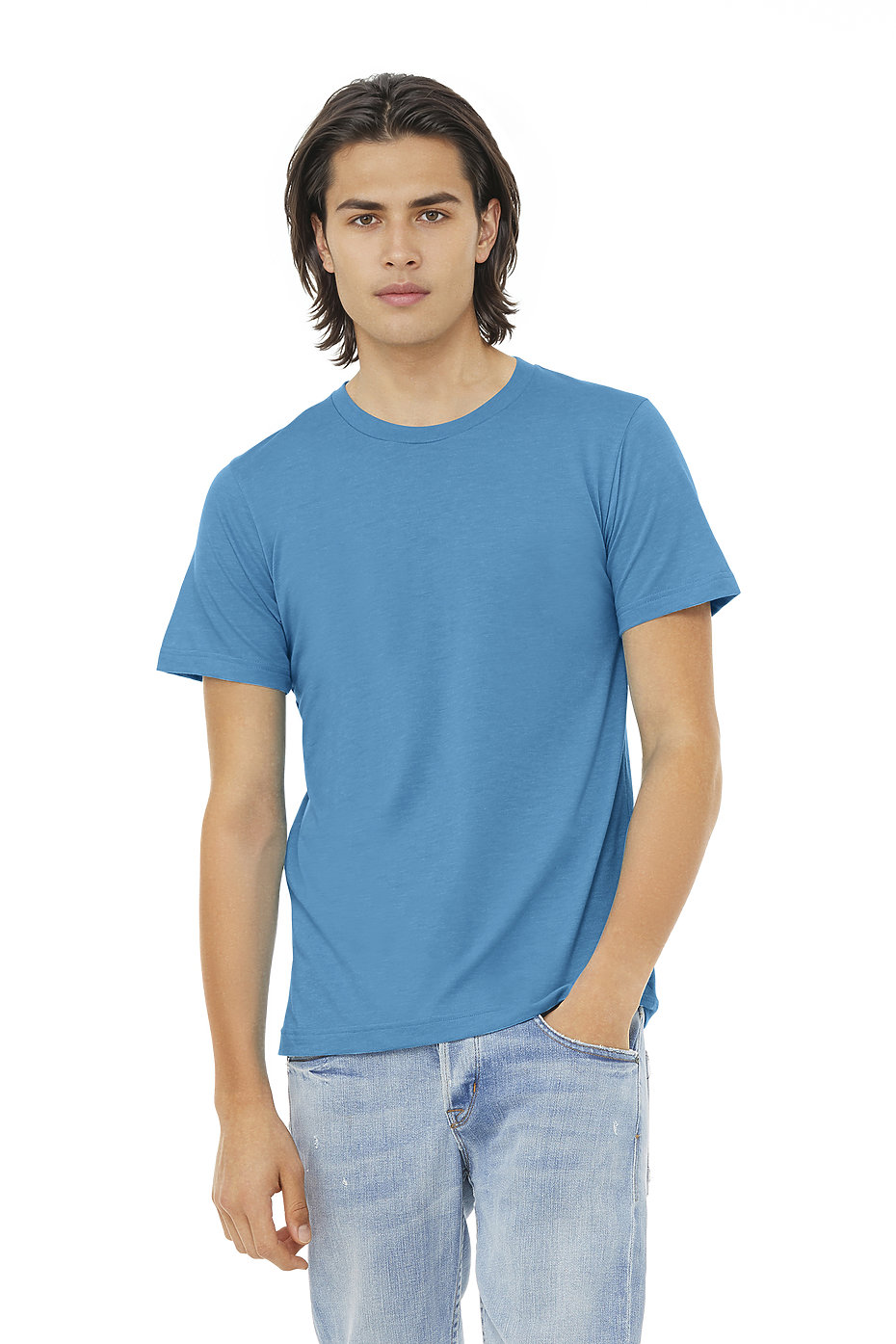 model wearing aqua blue t-shirt, front view