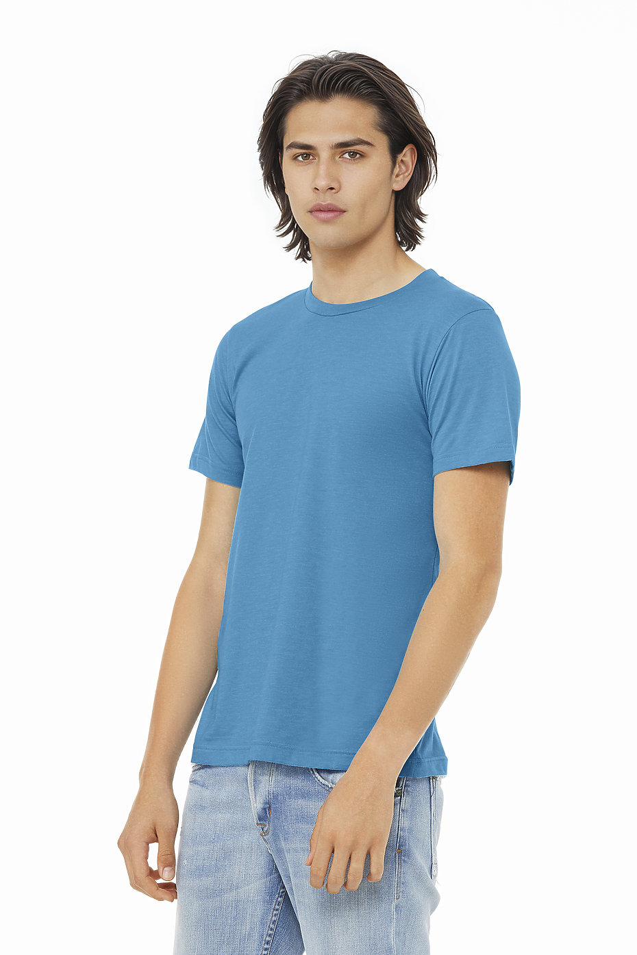 side view of model wearing aqua blue t-shirt