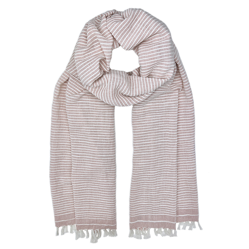 pink and white striped scarf on white background