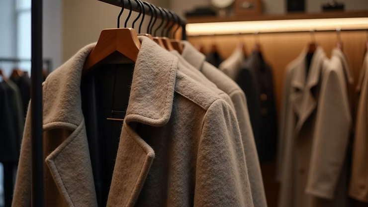 camel colored wool coats hanging on a rack